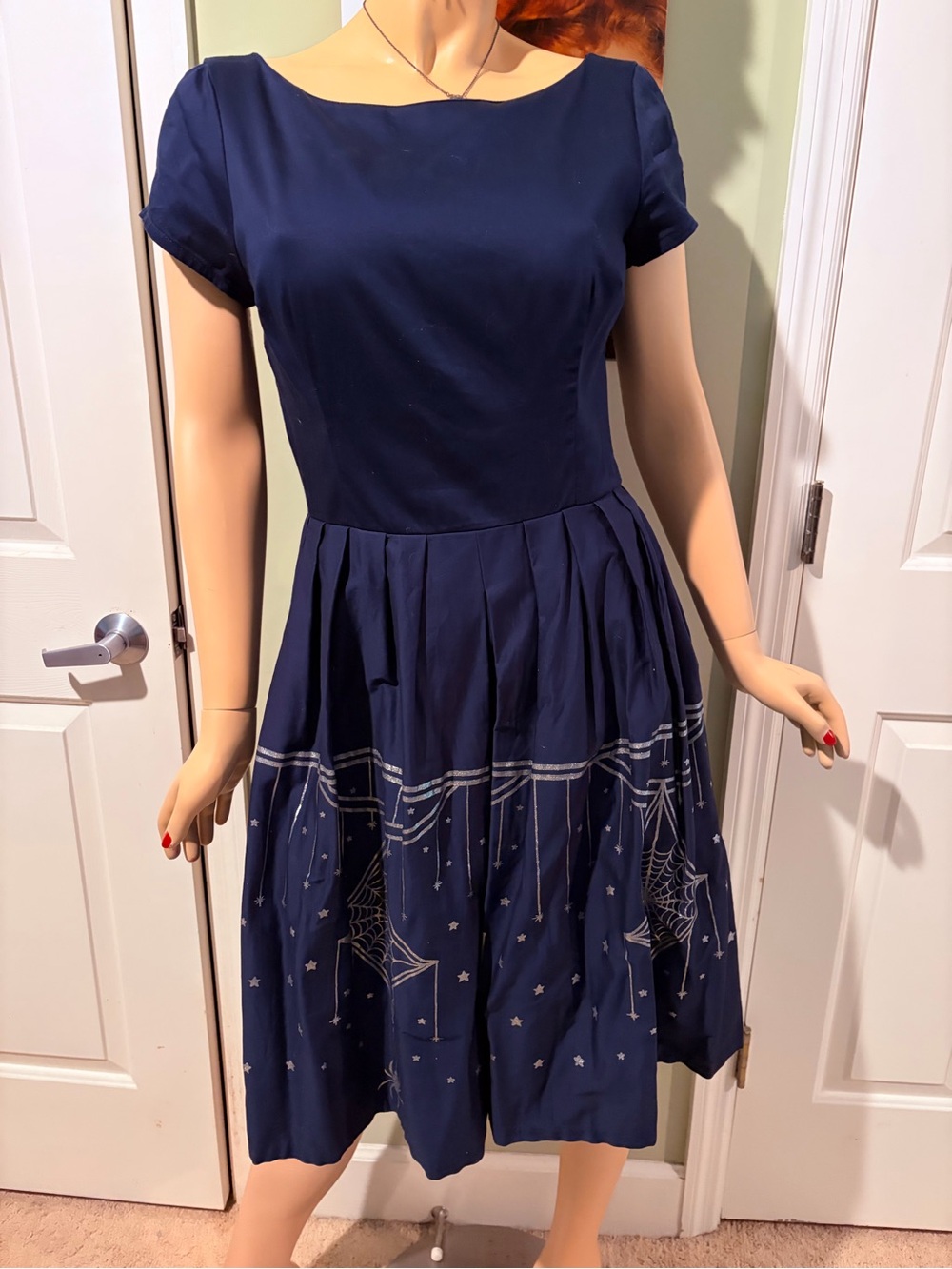 Laura Byrnes x Hope Morrison navy and silver spiderweb swing dress
